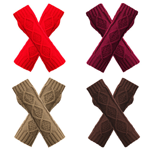 Cross-border rhombus knitted wool gloves winter warm retro all-match half-finger wristband extended fingerless arm cover