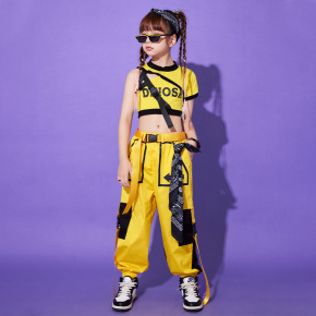 Girls hiphop street jazz dance costumes children yellow rapper singers gogo dancers jazz dance cargo pants children street dance performance outfits for kids