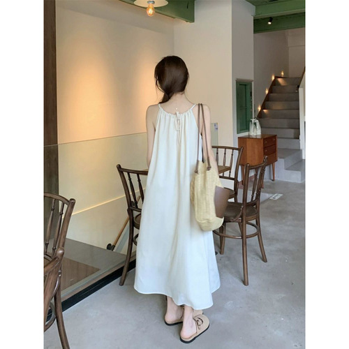 Long dress casual characters, solid color hanging sleeveless small neck, slimming dress, summer design, simple and loose temperament