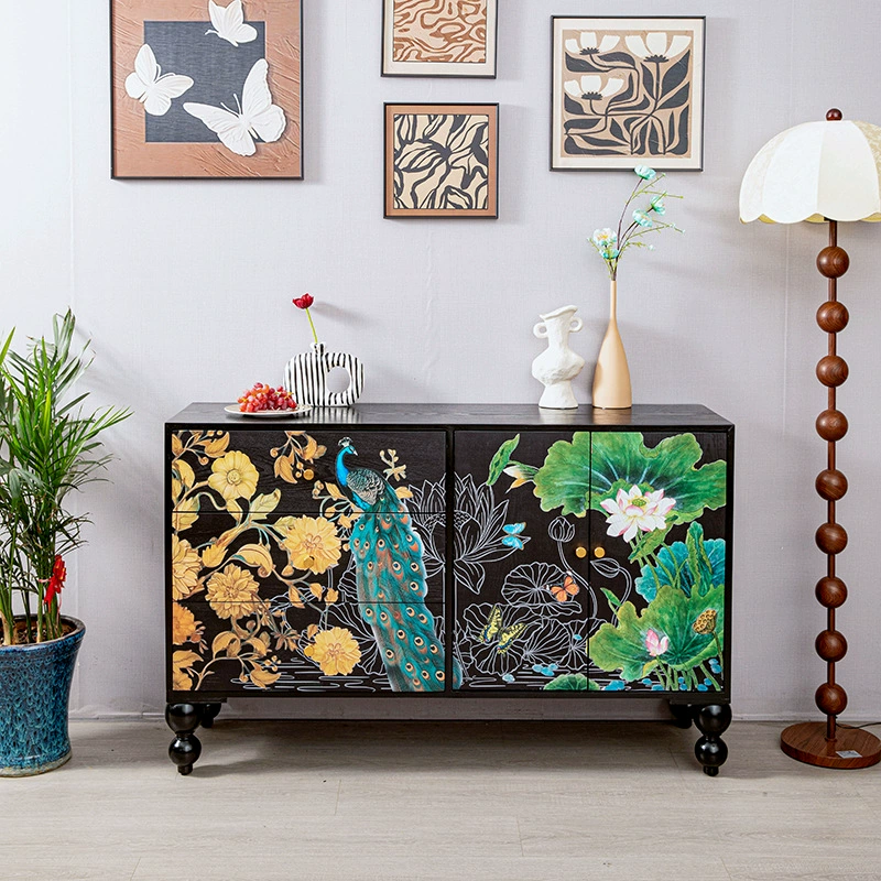 Французский буфет в стиле ретро с цветочным принтом, шкаф из цельного дерева для гостиной, креативный декоративный боковой шкаф, настенный встроенный шкаф для хранения, четыре