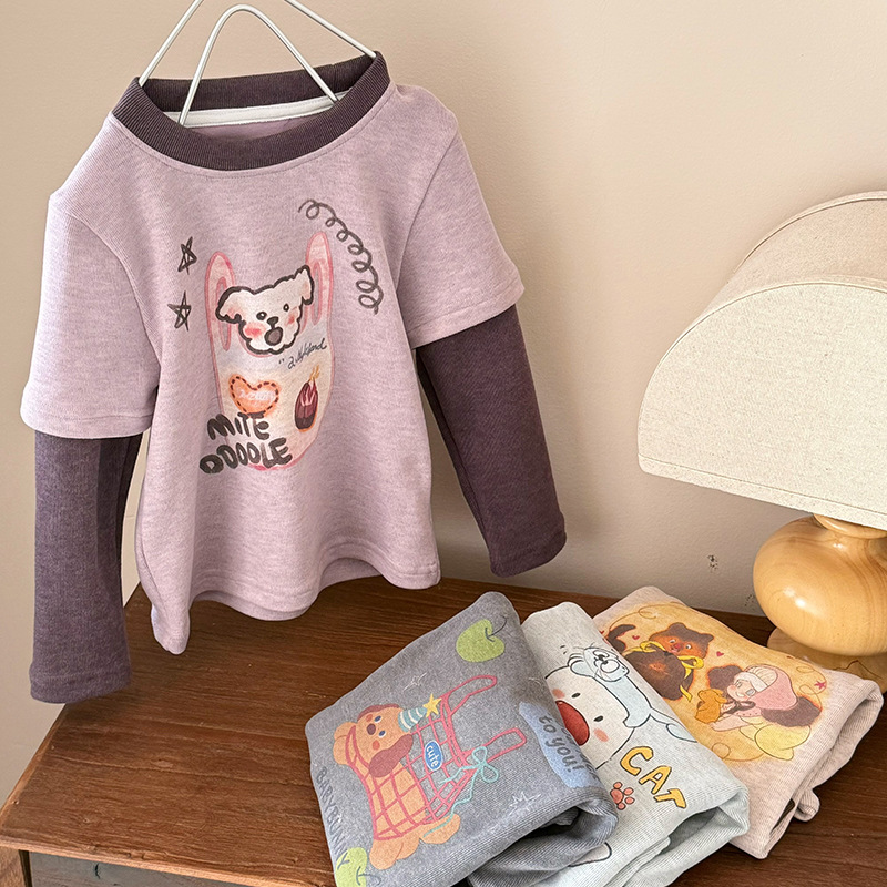 [en stock] camiseta de mangas largas de niñas invierno 25 nuevo estilo coreano de niñas falsas dos piezas de chaqueta de aire extranjero más terciopelo 350g