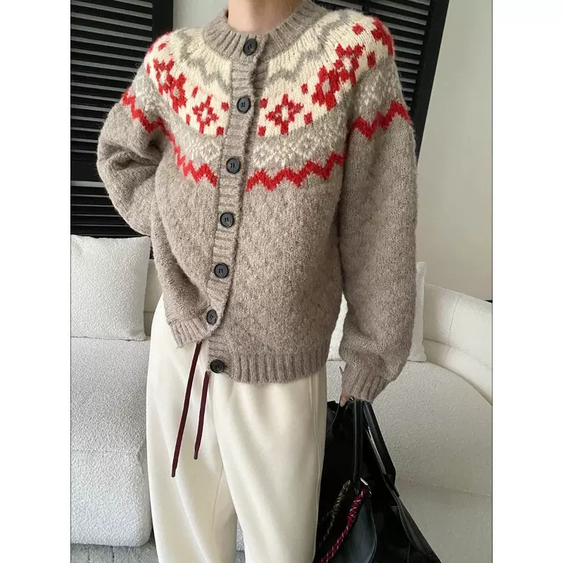 司南 圣诞氛围感 慵懒感费尔岛撞色提花针织开衫毛衣外套 SN8352