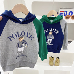 Children's sweatshirt spring 2024 Korean style boys color block pullover hooded tops for big children spring and autumn cartoon children's clothing trend