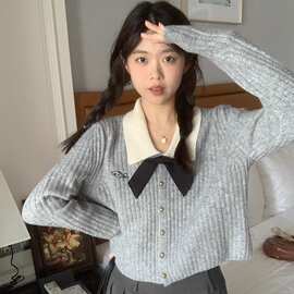 2024秋季新款蝴蝶结灰色毛衣外套女设计感长袖针织开衫小众短上衣