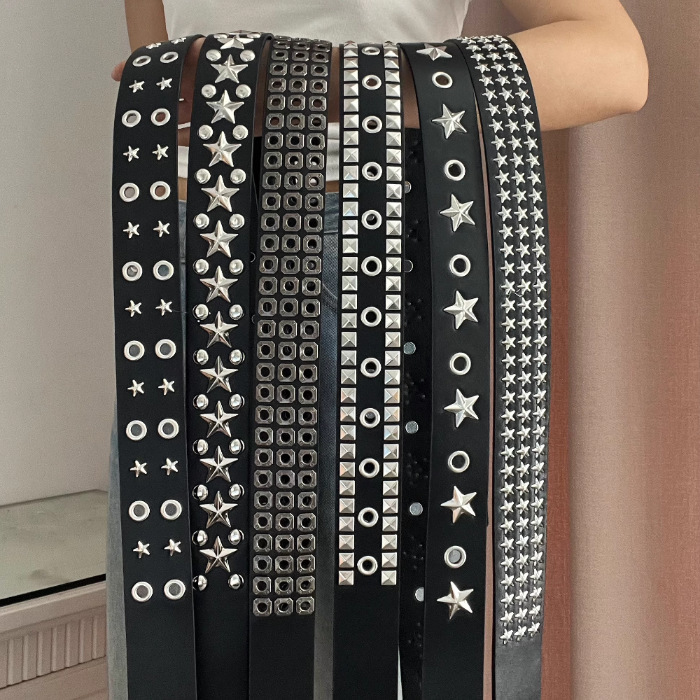 Millennial Y2K Punk Style Black Double-Breasted Belt with Rivets, Stars, Hollow Design, and Multiple Holes, a Must-Have for Hot Girls