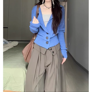 蓝色翻领修身长袖针织衫早秋装女款2026新款轻奢高级感设计感上衣