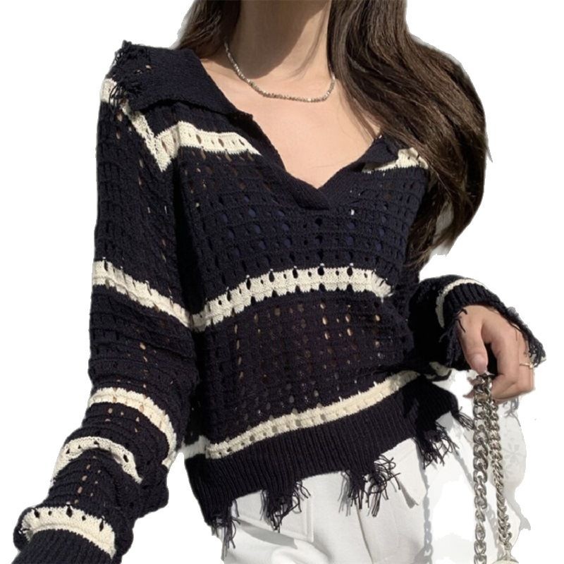 2025 primavera y verano blanco y negro rayas de color hueco chaqueta de moda coreana casual versátil blusa de punto delgada ropa de mujer image 6