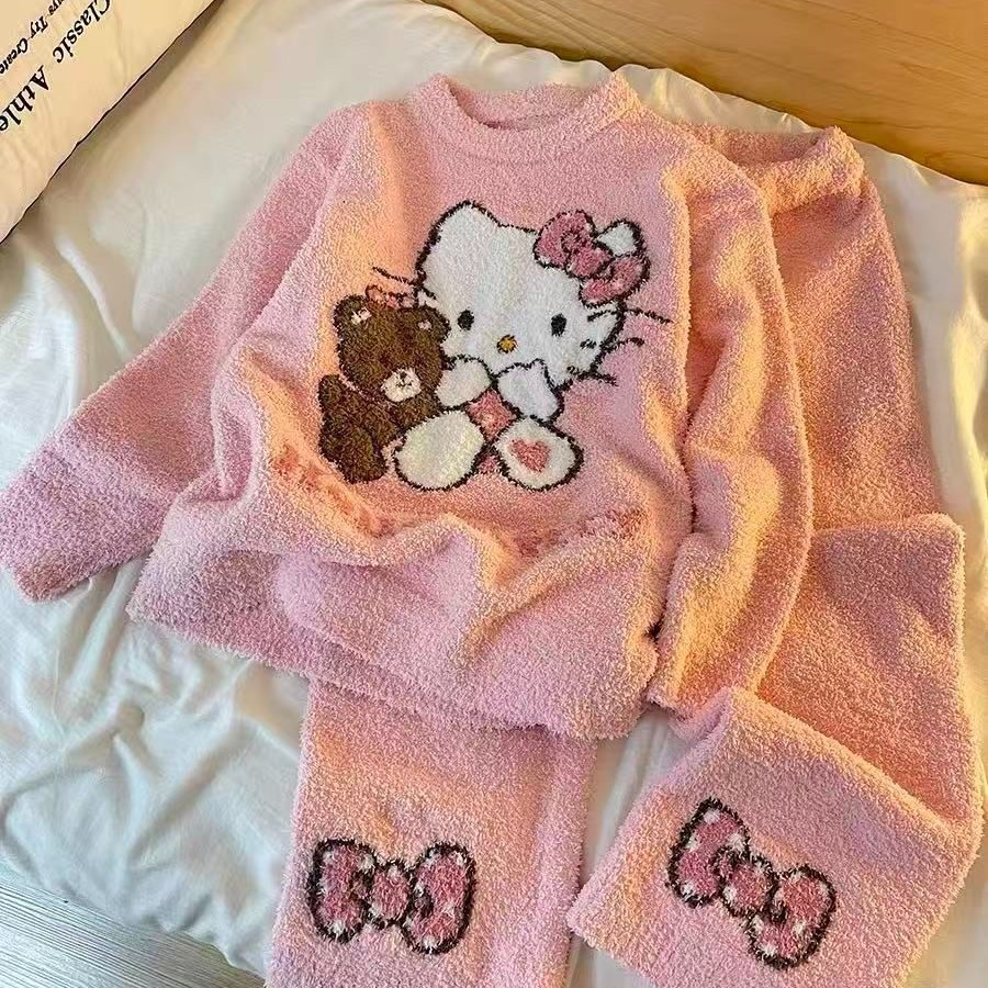 外贸专供卡通凯蒂猫半边绒睡衣女秋冬季新款加绒加厚保暖家居服