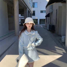冬季新款甜美减龄娃娃领小香风保暖毛呢外套高腰半身裙两件套装女