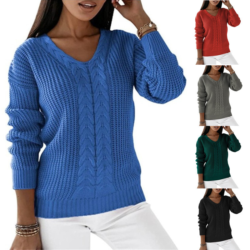 European and American New Amazon Women's Sweater Women's Long Sleeve V-neck Solid Color Twist Casual Pullover Top European and American New Amazon Women's Sweater Women's Long Sleeve V-neck Solid Color Twist Casual Pullover Top