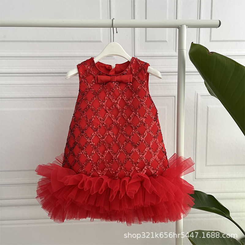 Vestido rojo navideño para niñas, vestido sin mangas, vestido de lentejuelas para niñas pequeñas, vestido de actuación, vestido de princesa, estilo princesa