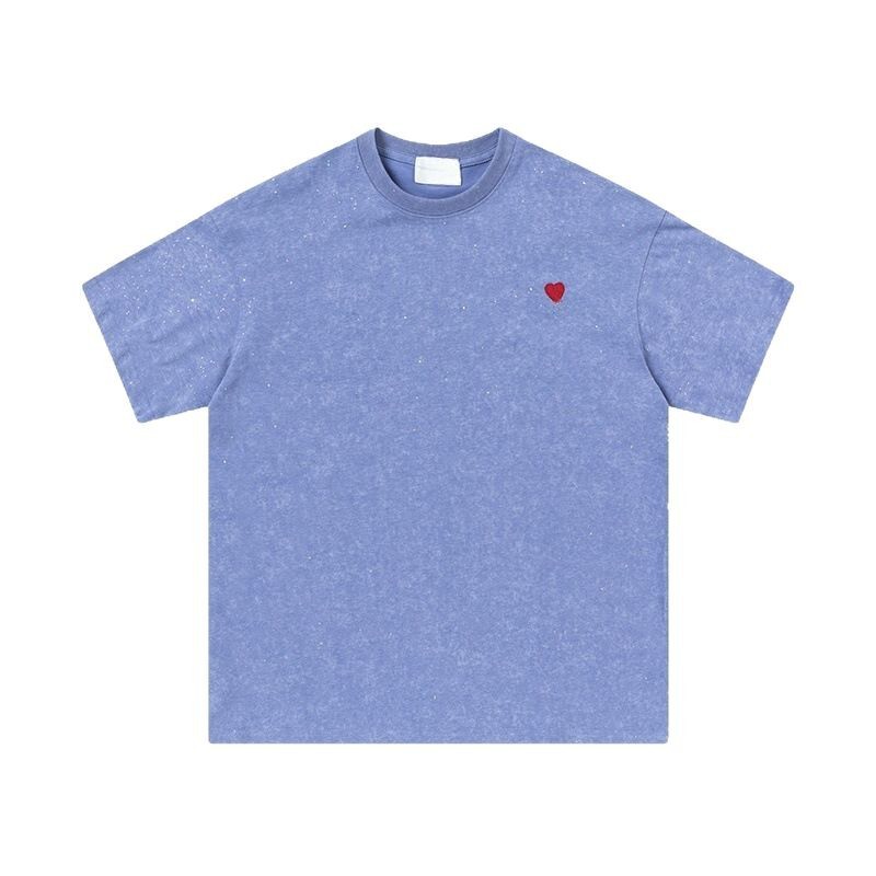 2025 夏のトレンディなブランド Am1 新しいウォッシュ加工ルーズ愛刺繍 Tシャツカジュアル男性と女性のラウンドネック半袖|undefined