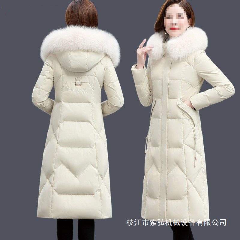 New Pure Duck down Jacket for Women, Long Over-The-Knee, Four-Season Warm, Slimming, Large Fur Collar, Solid Color Coat