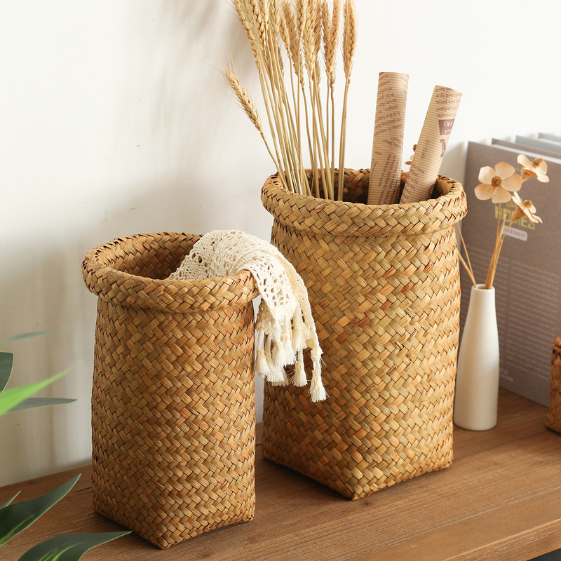 Round Woven Flower Pot Cover, Trash Basket, Storage Bin, Storage Basket, Gardening Flower Basket, Open-Top Straw Woven Waste Bin