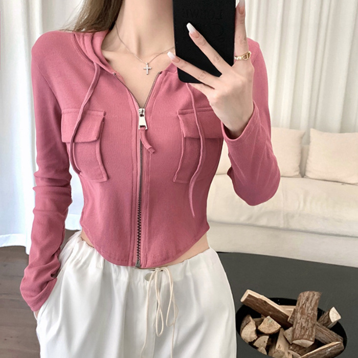 2023 Otoño e Invierno nueva chica caliente bolsillo con capucha Delgado cremallera cardigan suéter estudiante corto Top moda femenina