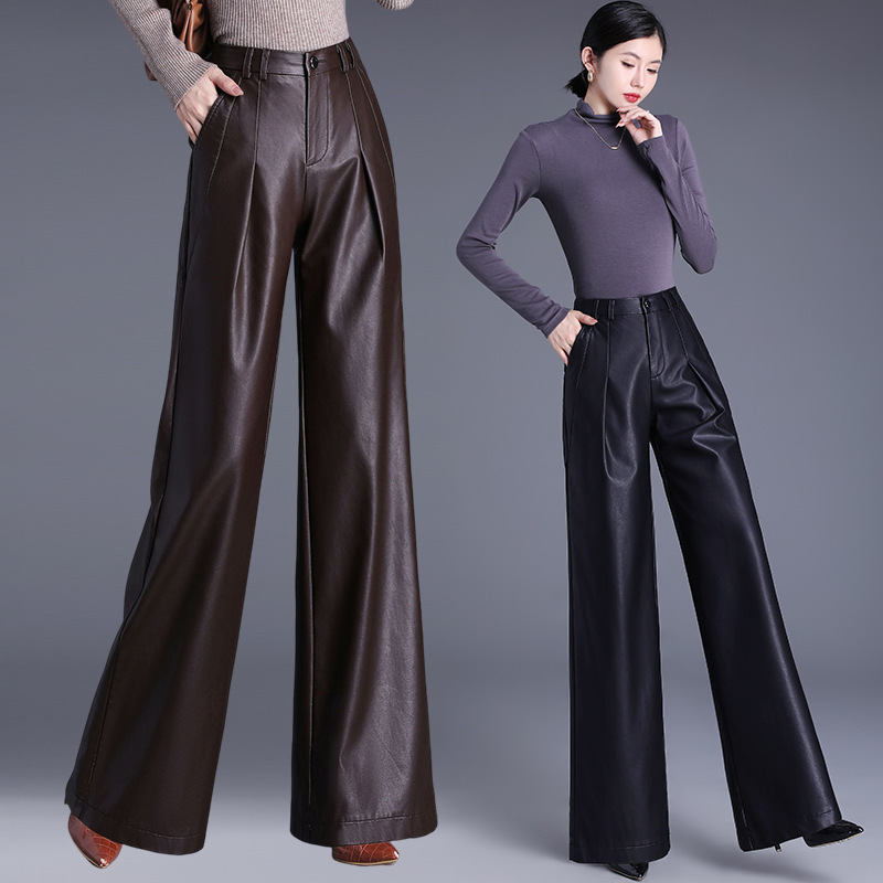 Haining Genuine Sheepskin Leather Pants for Women 2025 New High-Waisted Fashionable Loose Straight Draped Floor-Length Wide-Leg Pants