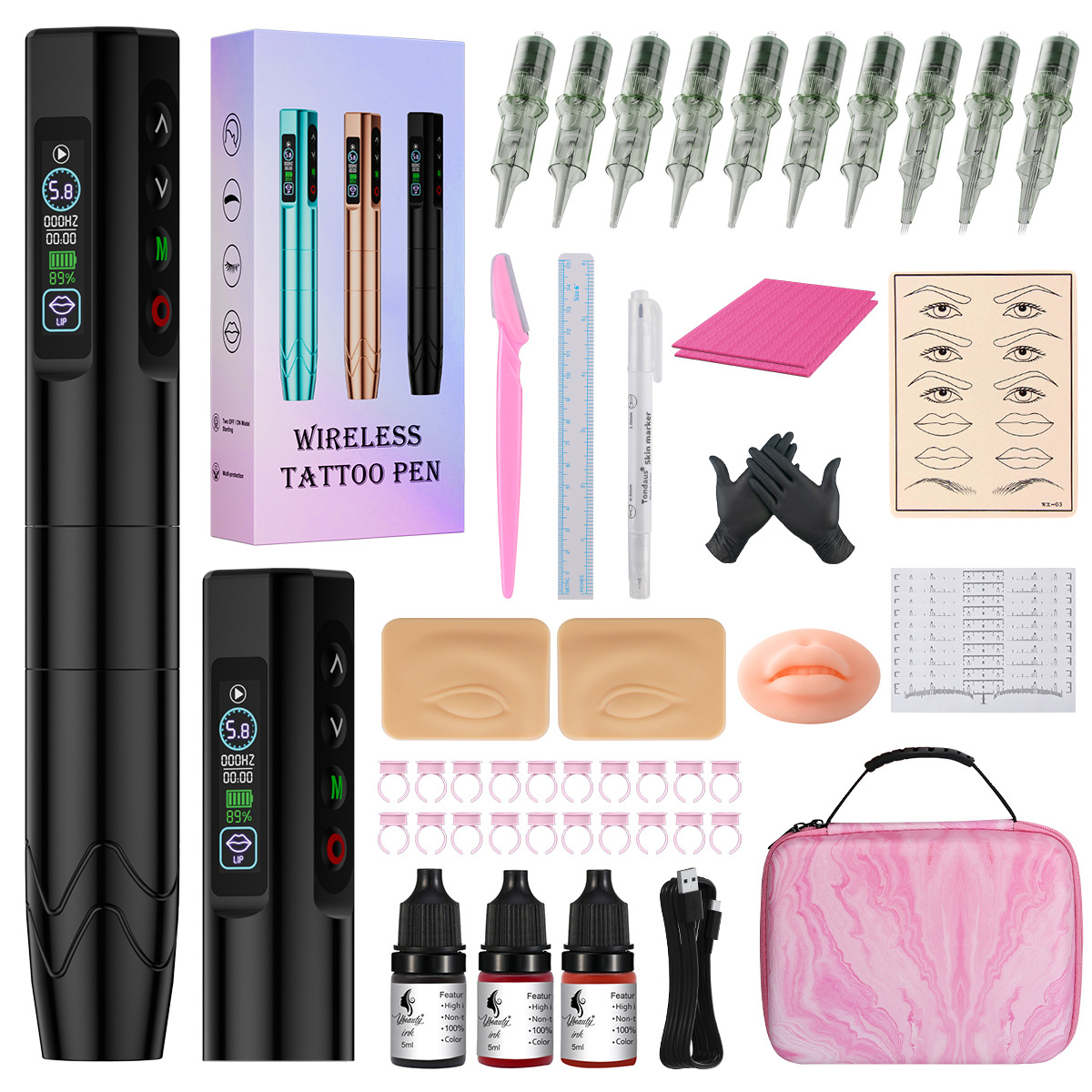 Máquina de Tatuaje Inalámbrica Multimodo de Doble Batería para Cejas, Labios y Delineador de Ojos, Juego Completo de Herramientas para Tatuajes Pequeños Todo en Uno