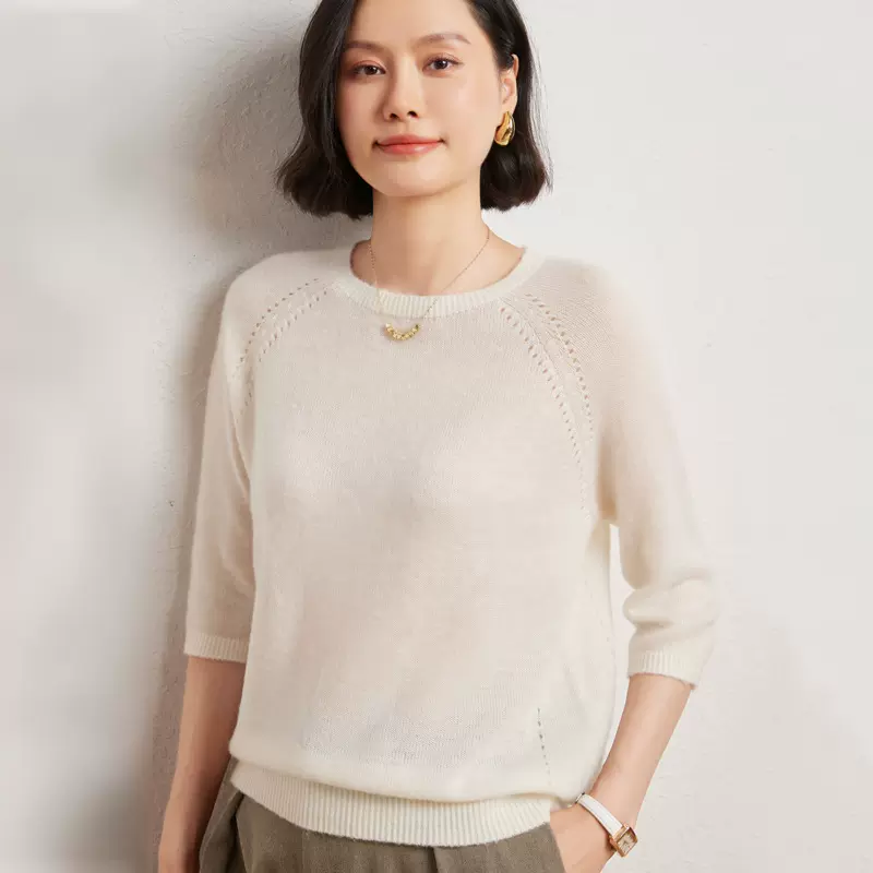 上衣打底五分袖女圆领纯色针春秋款一线成衣羊绒针织时尚背心显瘦
