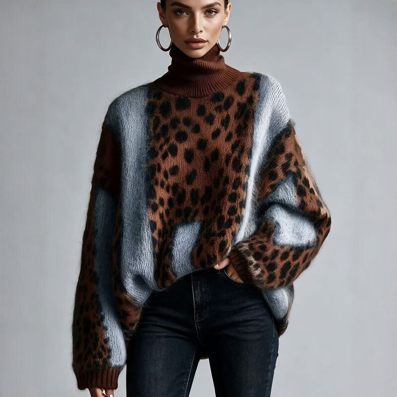 European and American cross-border casual style leopard print knitted sweater for women, autumn and winter thickened, loose fit, plus size, patchwork top for women European and American cross-border casual style leopard print knitted sweater for women, autumn and winter thickened, loose fit, plus size, patchwork top for women
