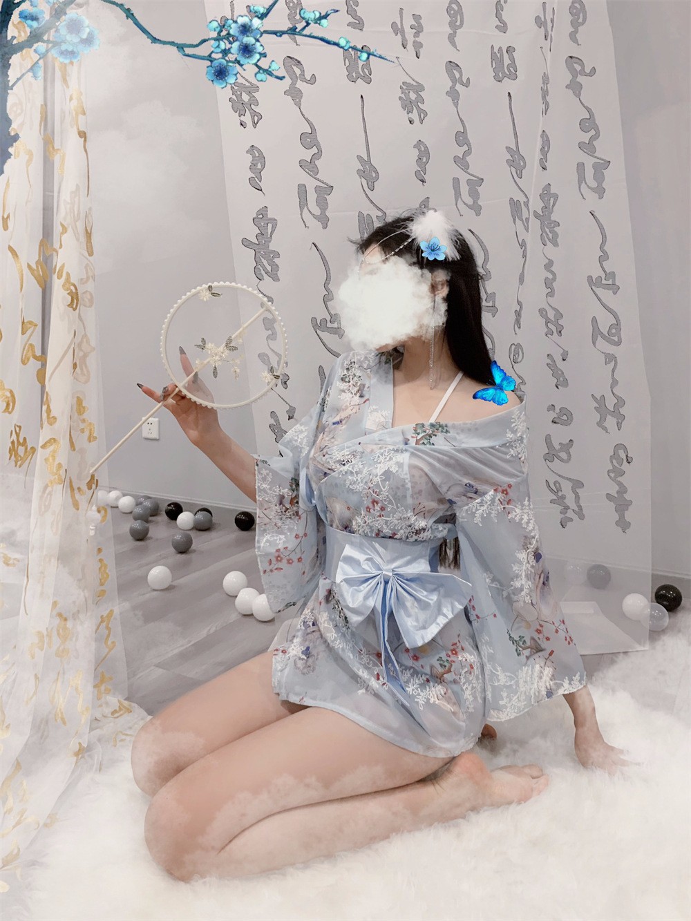 Women’s Chiffon Kimono Robe Set with Bow and White Stockings, One Size — detail image 3