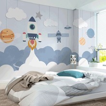 男孩儿童房墙纸卧室墙布背景墙卡通火箭壁画2024新款天空星空壁纸