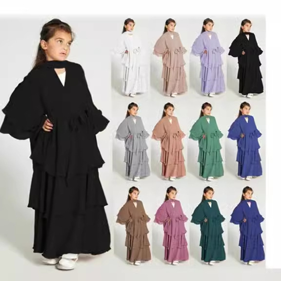 2024 new fashion stitching solid color waist lace-up three-layer chiffon children's clothing elegant dress without headband