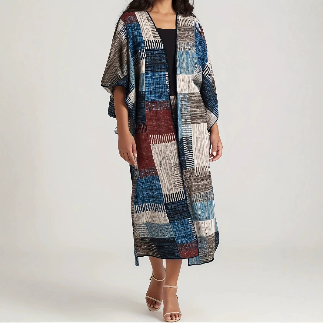 女士几何拼布长款开衫外套