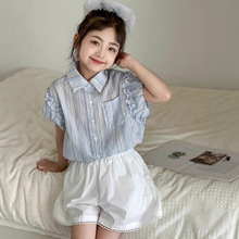 小红鱼女童衬衫夏装2025新款儿童夏季棉麻衬衣装韩版薄款短袖衬衣