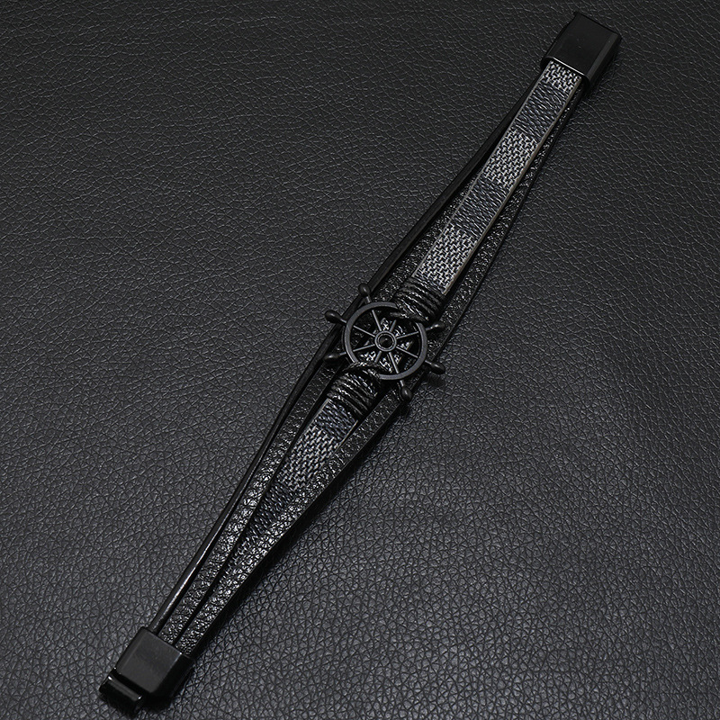 25g Weight Bangle Classification 1 Piece Quantity Daily, Street Occasion Pu Leather, Alloy Material Rudder Pattern Men's Gender Retro Style Retro Rudder Pu Leather Alloy Men's Bangle Men Cord & Leather Bracelets 4
