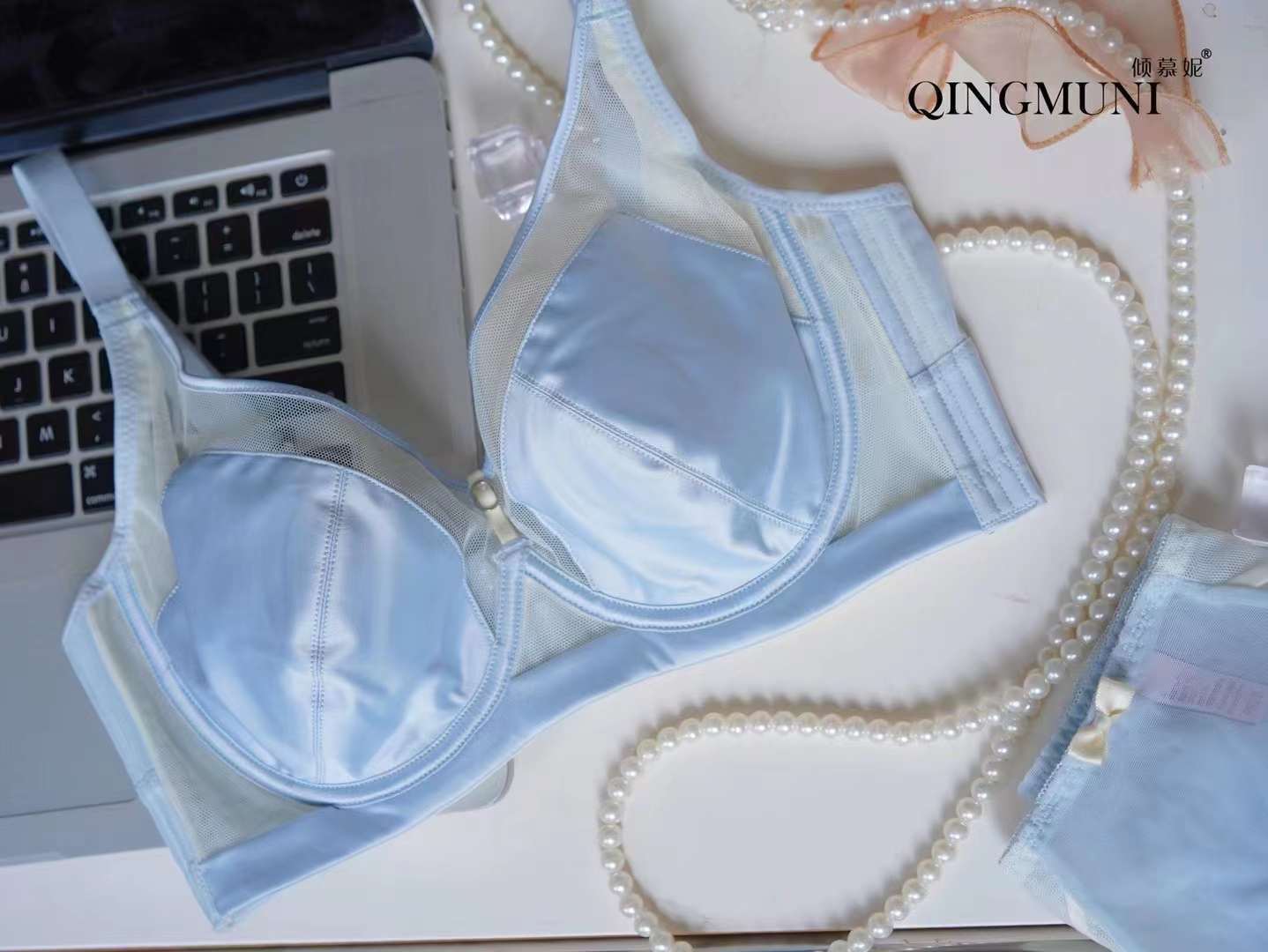 Qing Mu Ni 3302 satén ligero lujo talla grande orejas de conejo delgadas ropa interior ultrafina malla transpirable sujetador de senos mujeres