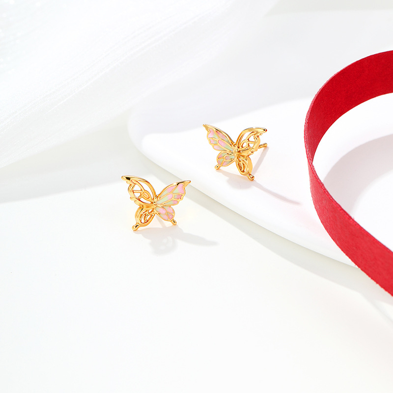 Aretes de Mariposa Asimétricos de Aleación de Cobre, Galvanizados, para Mujer