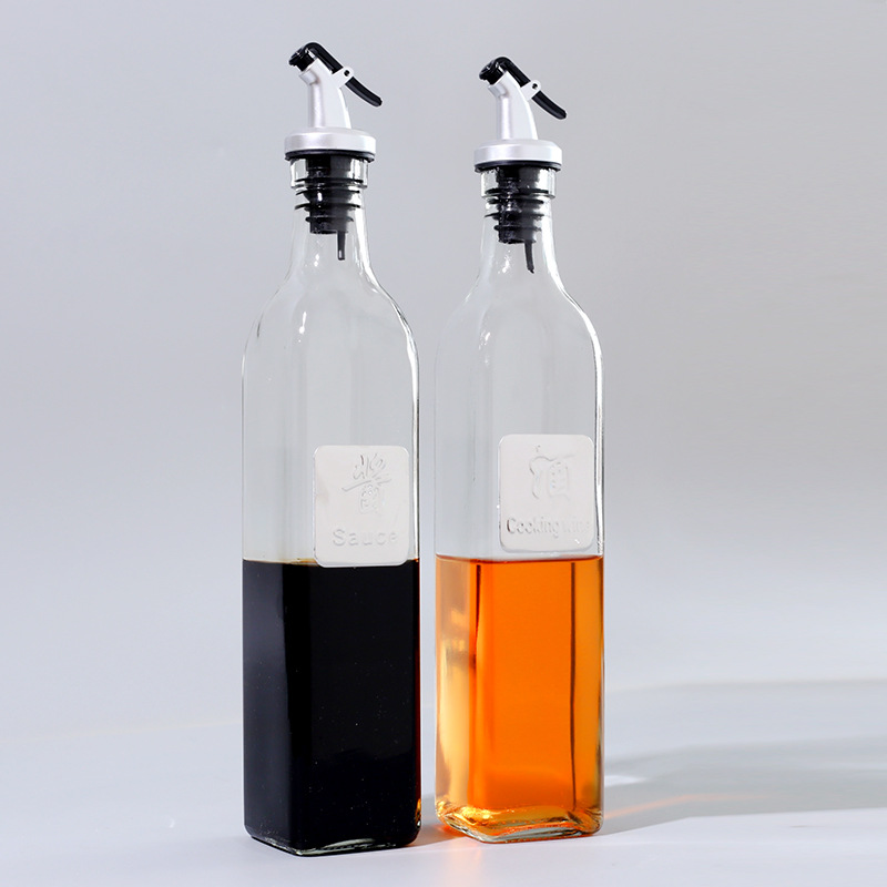 Botella de condimento de cocina olla de aceite de vidrio cuadrada a prueba de fugas sub-botella prensa salsa de soja botella de vinagre 500ml botella de salsa de soja