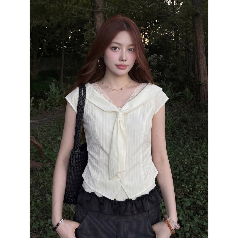 Korean-Style College-Style Lace-Trimmed Short-Sleeved Shirt for Women, Summer Navy Collar, Stylish Stripes, Exquisite Thin Short Top Korean-Style College-Style Lace-Trimmed Short-Sleeved Shirt for Women, Summer Navy Collar, Stylish Stripes, Exquisite Thin Short Top