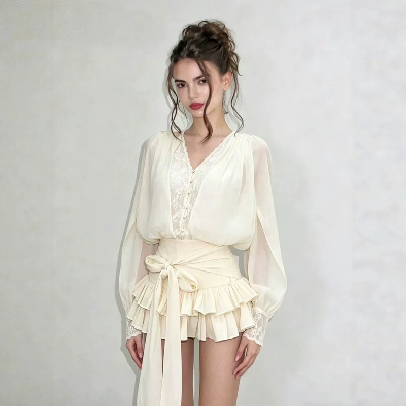 Vietnamese Niche Dress Lantern Sleeve Top Lace Satin High-Waisted Bow Puff Cake Skirt Set for Women
