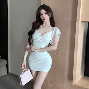 Sexy Southeast Asian Waist Wrapped Flying Sleeves Mesh Bottom Wrapped Hip Dress Short Skirt