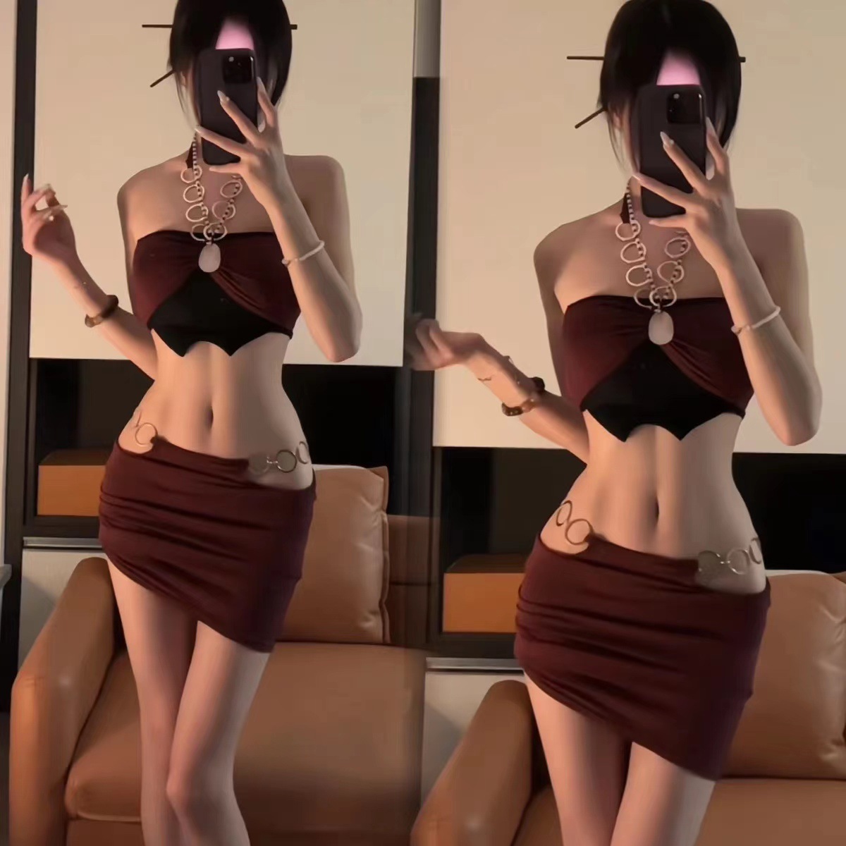 Halter Tube Top and Mini Skirt Set with Hollow Waist Detail in Wine Red — detail image 3