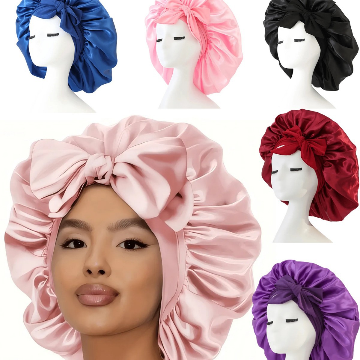 New Bow-Knot Ribbon Nightcap, Imitation Silk Hair Care Nightcap, Cross-Border Hot-Selling Bow-Knot Beauty Wide-Brimmed Nightcap