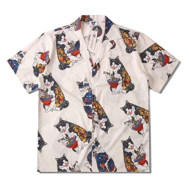 Camisa informal de manga corta con cuello solapa, holgada, con estampado digital de gato de la suerte, estilo cárdigan de marca de moda para parejas, ideal para el verano y el comercio exterior.