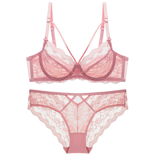Sleek Lace Ultra-Thin No Sponge Transparent Bra and Camisole Set for Women, Large Cup Size Reducing Bra Set