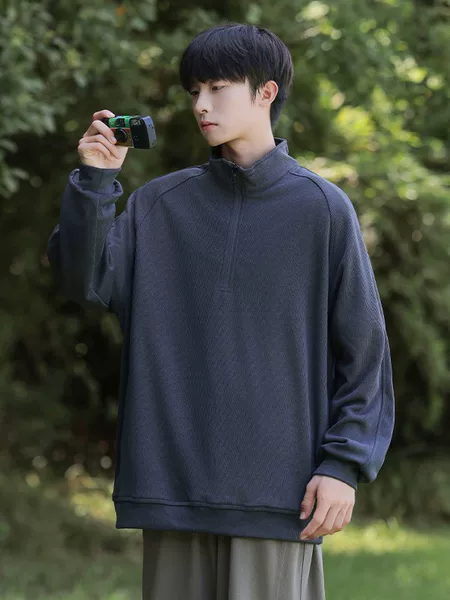 Spring and Autumn Men's Loose Fit Quick-Dry Half-Zip Stand Collar Sports Long Sleeve Running Fitness Breathable Casual Versatile
