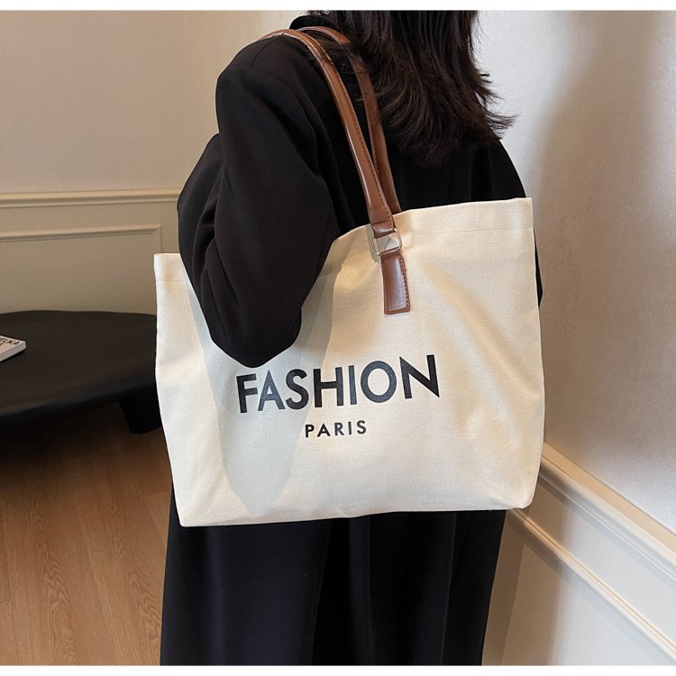 262g Weight Polyester Lining Material Open Closure Type Single Shoulder Strap Strap Type Tote Bag Bags Type Holiday, Daily Occasion Canvas Material Letter Pattern All Seasons Season Women's Gender Classic Style Style Square Shape Large Size Women's Large Canvas Letter Classic Style Square Open Tote Bag 17