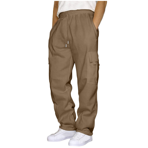 2024 Cross-border New Style Sports Leisure Warm Fleece Sweatpants with Multiple Pockets and Cord Ties for Men Loose Work Pants