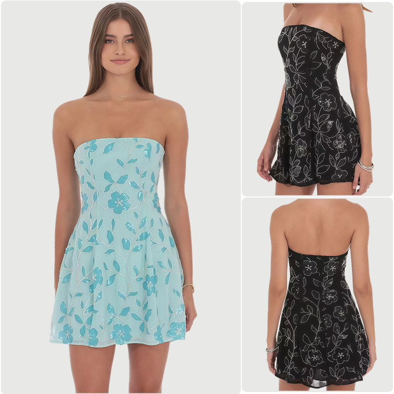 European and American Fresh and Sweet Bead Tube Embroider Tube Top Floral Dress for Women 2025 Autum New Elegant Small Dress