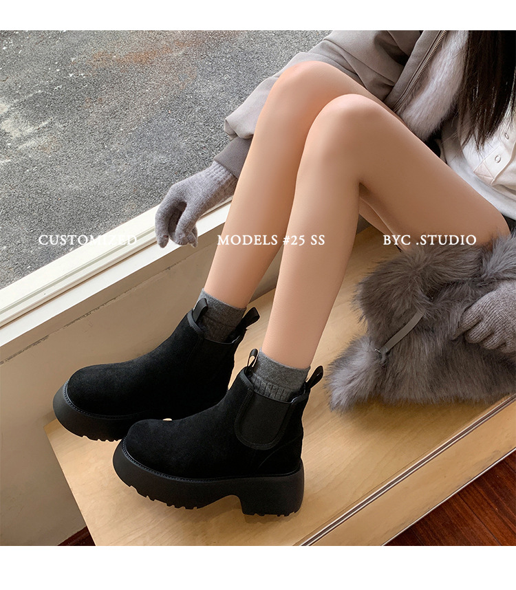 Boot Chelsea nữ da dê lót lông cừu đế dày platform ấm mùa đông — màu đen chi tiết 13
