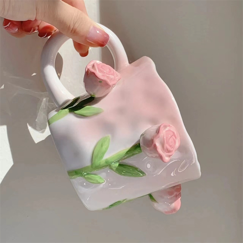 5ZV7少女心ins陶瓷馬克杯手繪鈴蘭花玫瑰浮雕花朵水杯高顏值杯子