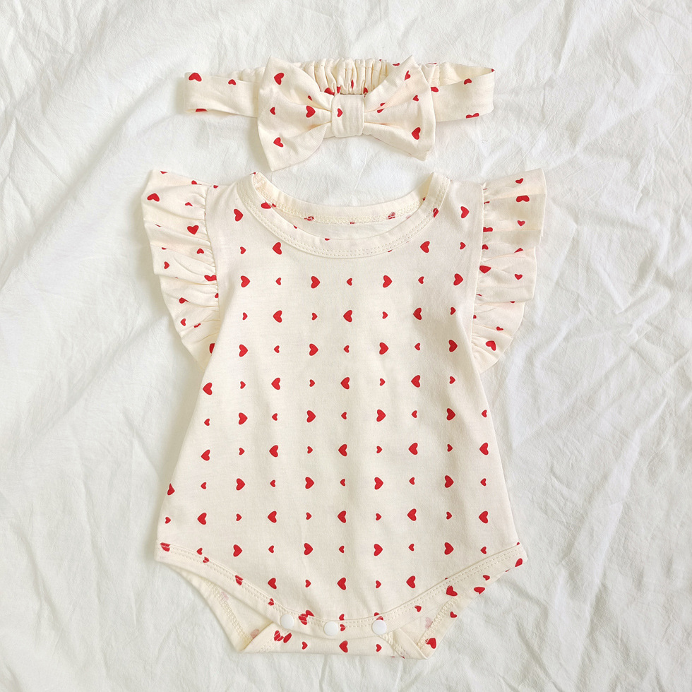 Summer New Baby Girl One-Piece Harem Small Love Crawling Suit Female Baby Flying Sleeves Bag Fart Clothes