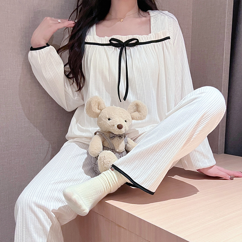 2025 새로운 라이브 방송 봄 밀크 실크 긴팔 바지 원라인 칼라 잠옷 여성 캐주얼 풀오버 홈웨어 도매
