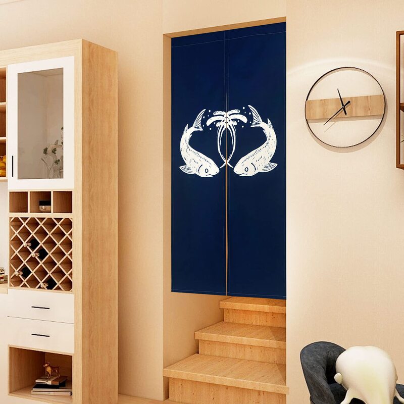 Navy Blue Japanese Pisces Fabric Door Curtain Bedroom Partition Curtain Hanging Curtain Kitchen Half Curtain Feng Shui Curtain Decorative Windshield Curtain