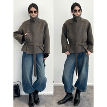 非市场改版！羊驼毛羊毛立领腰带双门襟收腰短款冬季双面尼大衣女