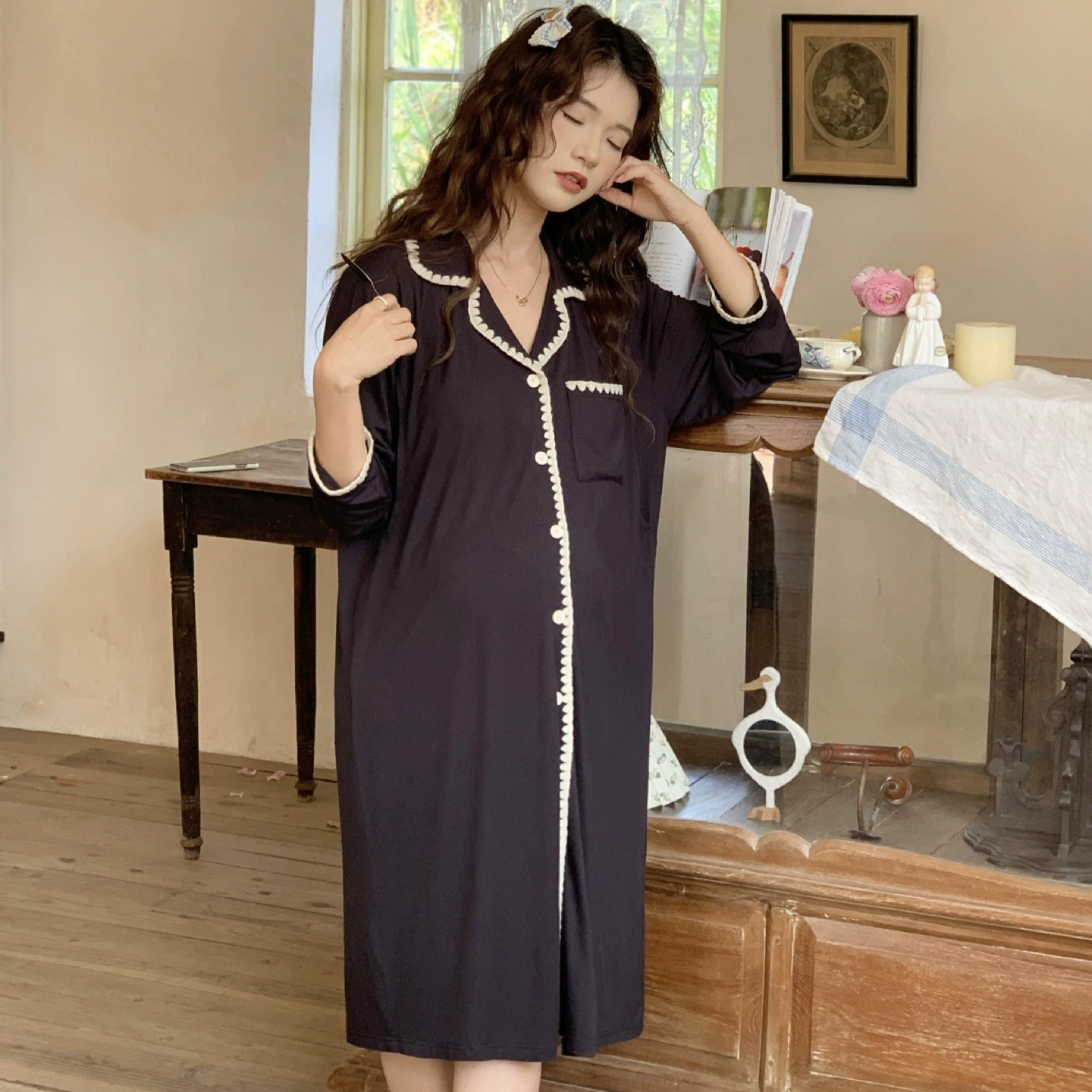 [88208] Кормящая ночная юбка с длинными рукавами весной и летом тонкий послеродовой модаль с нагрудным ковриком для беременных пижамы